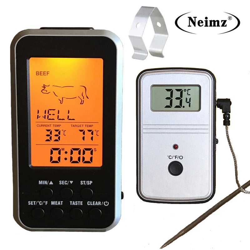 Digital BBQ Thermometer Wireless Kitchen Oven Food Cooking Grill Smoker Meat Thermometer with Probe and Timer Temperature Alarm