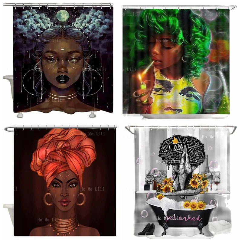 Shower Curtain African American Woman  Lovely Afro Lady Black Girl Sunflower Design Afrocentric Style Bathrom Decor