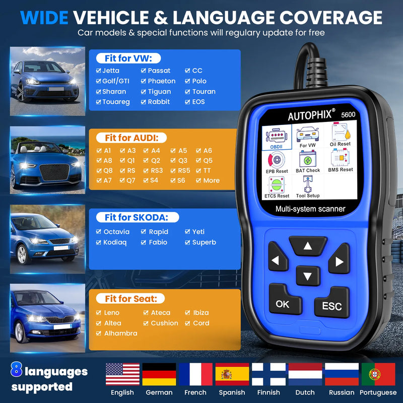 AUTOPScanner Code Reader Engine ABS HIX 5600 Full System Diagnostic Scan Tool OBD2  SRS SAS BMS EPB TPMS Oil Reset Battery for VW