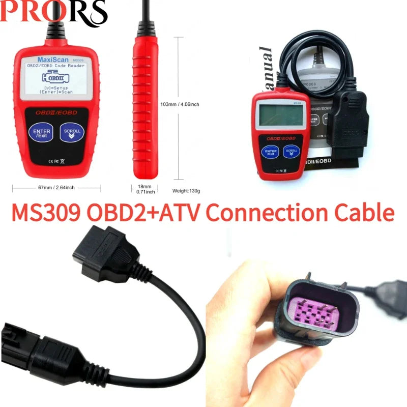 NEW OBD ATV Motorcycle Connection Cable OBD2 To 8 Pin Diagnostic Adapter+MS309 OBD2 Scanner Multi-languages Diagnostic Tool