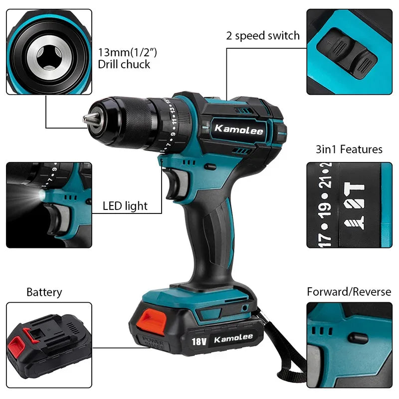 10mm/13mm Brushed Cordless Electric Impact Drill Electric Screwdriver Home DIY Power Tools For Makita 18V Battery