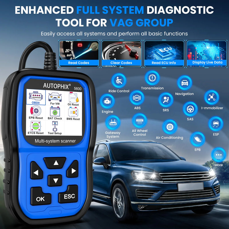 AUTOPScanner Code Reader Engine ABS HIX 5600 Full System Diagnostic Scan Tool OBD2  SRS SAS BMS EPB TPMS Oil Reset Battery for VW