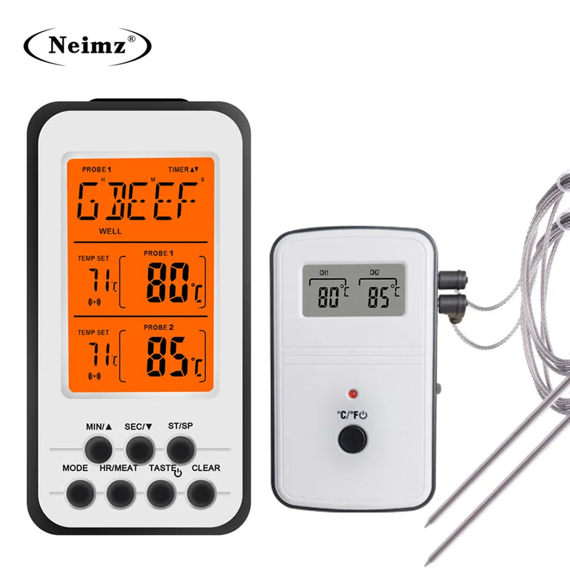 Digital BBQ Thermometer Wireless Kitchen Oven Food Cooking Grill Smoker Meat Thermometer with Probe and Timer Temperature Alarm