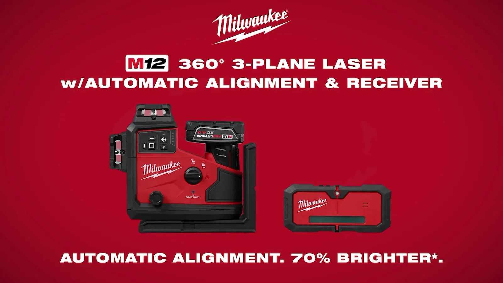 Milwaukee M12 360-degree three-plane laser and receiver on a red background