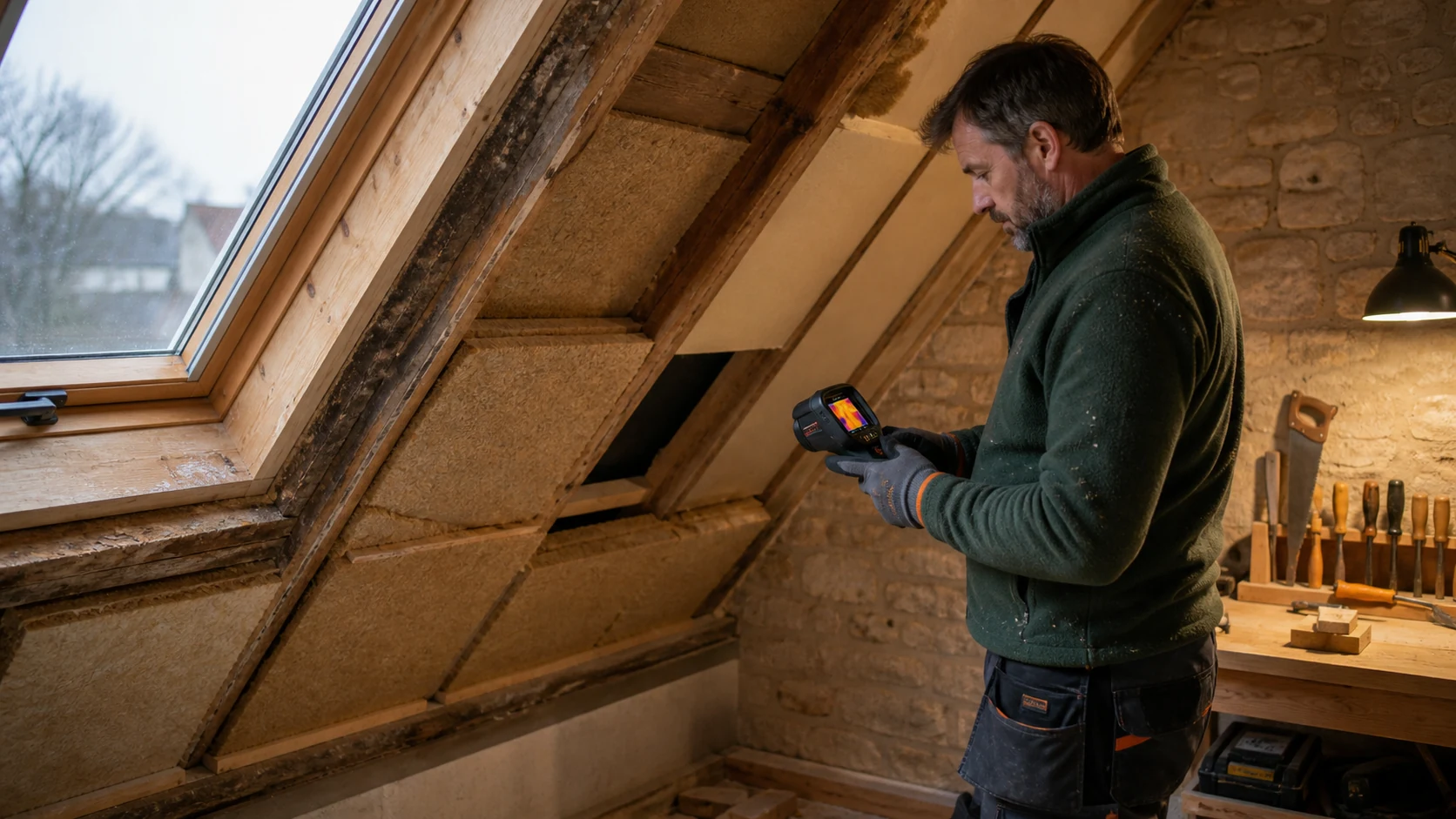 A homeowner checks a thermal camera beside newly fitted attic insulation